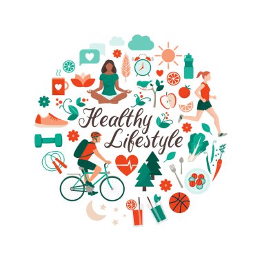 Sağlıklı yaşam tarzı ve yiyecek, spor ve doğa ikonları dairesel şekillerde sıralanmış kişisel bakım kavramı