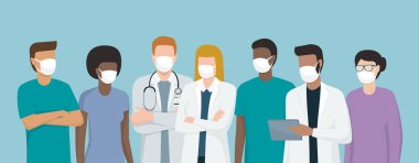 Doktorlar ve tıbbi personel cerrahi maskeler takıyor, birlikte duruyorlar, koronavirüs önleme konsepti.
