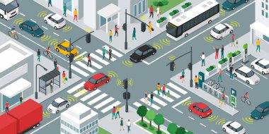 Akıllı ulaşım, insanlar ve araçlar algılayıcılar ve akıllı şehir konsepti kullanarak şehir sokaklarında hareket ediyorlar.