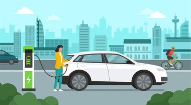 Kadın arka planda elektrikli arabasını şarj ediyor, otomotiv teknolojisi konsepti.
