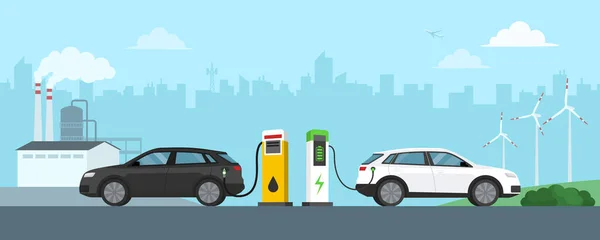 ガソリン車の燃料と駅での電気自動車の充電 背景に製油所や風力タービン 自動車技術と緑のエネルギーコンセプト — ストックベクタ