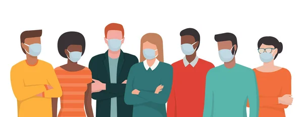 外科用マスクを着用し 一緒に立っている人々のグループ 予防と安全手順の概念 — ストックベクタ