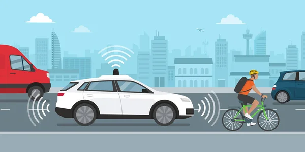 Otomotiv Teknolojisi Konsepti Olan Gps Sensörler Kullanarak Şehir Caddesinde Kendi — Stok Vektör