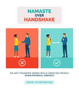 How to greet safely without touching the other person and prevent spreading of germs: namaste greeting over handshake, coronavirus covid-19 prevention advice clipart