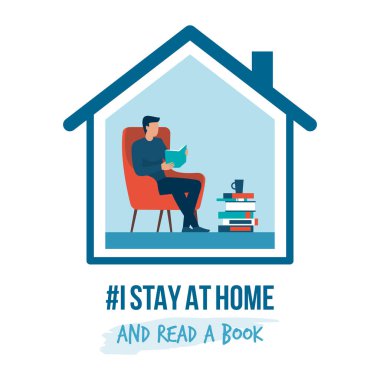 Sosyal medya kampanyası ve koronavirüs önleme programında kalıyorum: rahatlayan ve kitap okuyan adam.