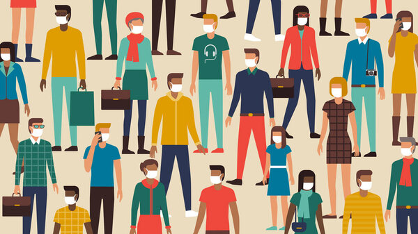 Толпа людей в маске для защиты от коронавируса, концепция эпидемии ковида-19
