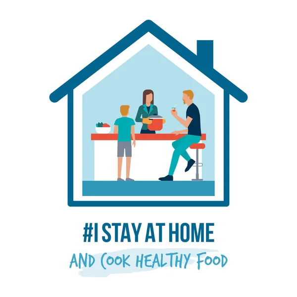 I stay at home awareness social media campaign and coronavirus prevention: family cooking healthy food together
