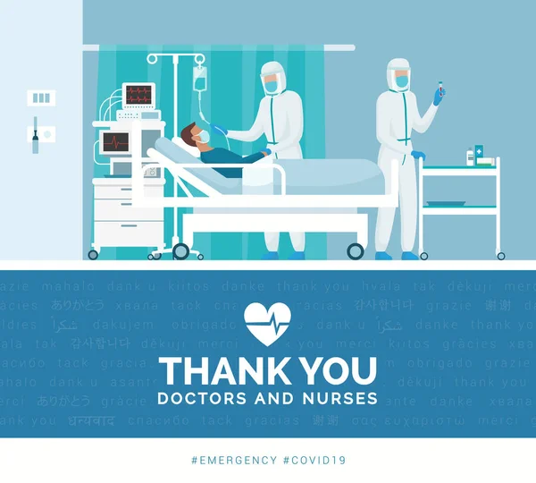 Thank You Doctors Nurses Working Hospitals Fighting Covid Outbreak Vector — Stock Vector