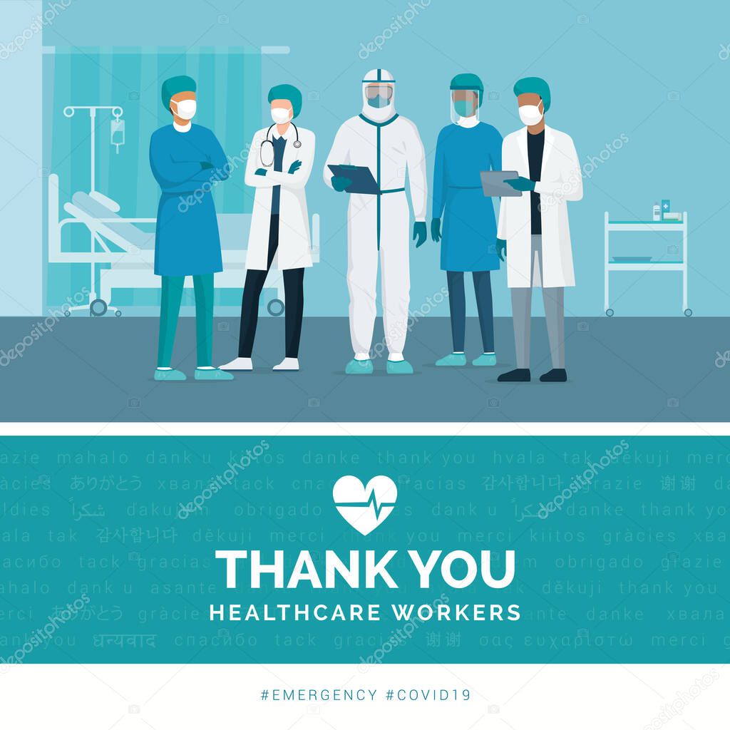 Thank you brave healthcare working in the hospitals and fighting the coronavirus outbreak, vector illustration
