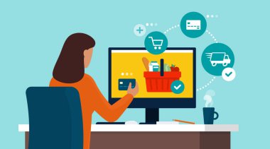 Bilgisayarına bağlanan ve internetten alışveriş yapan bir kadın, kredi kartı kullanarak ürünler sipariş ediyor ve satın alıyor.
