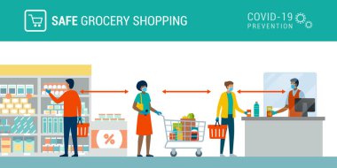 Safe grocery shopping during coronavirus epidemic: people keeping safe distance, wearing face masks and gloves at the supermarket clipart