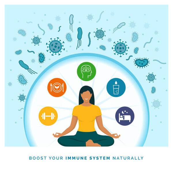 Woman boosting her immune system naturally and defeating viruses, she is following a healthy lifestyle and practicing meditation