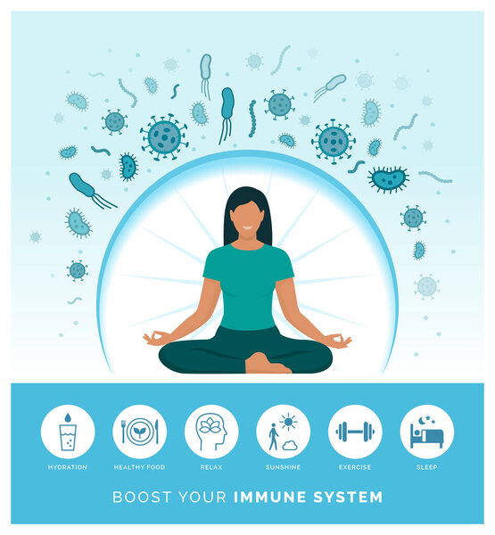 Женщина, естественно укрепляющая иммунную систему и побеждающая вирусы, следует здоровому образу жизни и практикует медитацию
