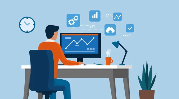 自宅で働いているビジネスマンと彼のコンピュータ上の財務チャートをチェック — ストックベクタ