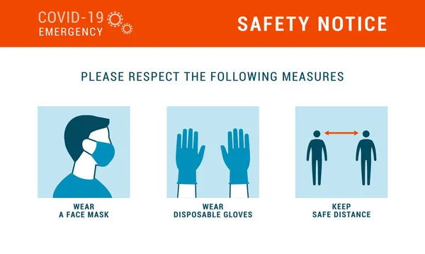コロナウイルスCovid 19安全対策 フェイスマスクを着用し 使い捨て手袋を着用し 安全な距離を保つ — ストックベクタ