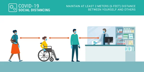 Personer Som Håller Ett Säkert Avstånd När Köper Läkemedel Apoteket — Stock vektor