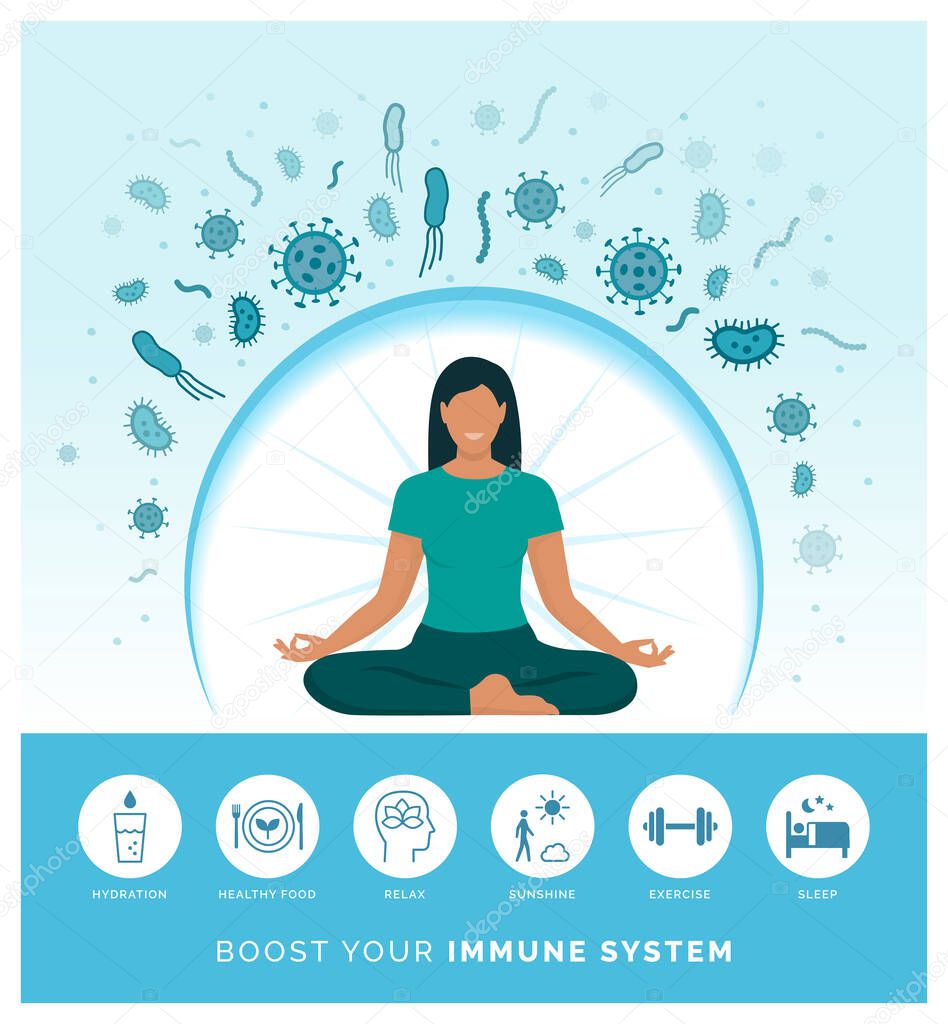 Woman boosting her immune system naturally and defeating viruses, she is following a healthy lifestyle and practicing meditation