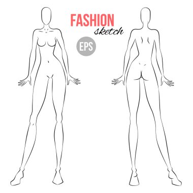 Kadın figürü kroki. Farklı pozlar. Stilist ve tasarımcı kıyafet için çizim şablonu. Moda çizimi için vektör anahat kız model şablonu. Moda illüstrasyon.