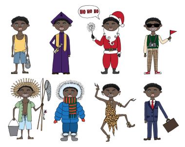 Daylife farklı bir ülkede yabancı öğrenciler. Afrika'dan öğrenci rastgele durumlarda görüntü. Tek renkli. Vektör çizim