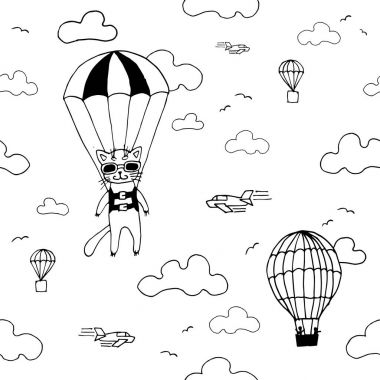 Skydiver kedi, hava balonu, uçak ve bulutlar ile sorunsuz vektör çizilmiş desen. Kağıt ambalaj çocuklar Tekstil baskı, duvar kağıdı, kavram tasarlayın. Şirin komik arka plan. 