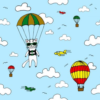 Skydiver kedi, hava balonu, uçak ve bulutlar ile sorunsuz vektör çizilmiş desen. Kağıt ambalaj çocuklar Tekstil baskı, duvar kağıdı, kavram tasarlayın. Şirin komik arka plan. 