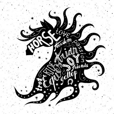 Vintage vector hand drawn typography poster with horse head and words silhouette. Grunge texture. Label, T-shirt design, decoration element. clipart
