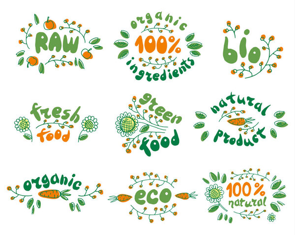 100% свежая, био-, органическая, эко-еда. Сырой, зеленый продукт. Векторный набор этикеток здоровых органических продуктов питания. Овощи, листья, ягоды. Вегетарианский ресторан, веганское меню кафе. Фермерский рынок
.