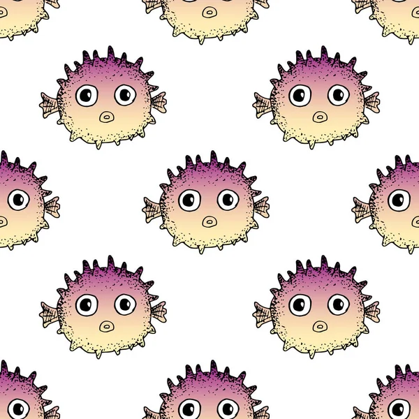 Patrón Pez Fugu Sin Costuras Bonito Pez Globo Dibujos Animados — Vector de stock