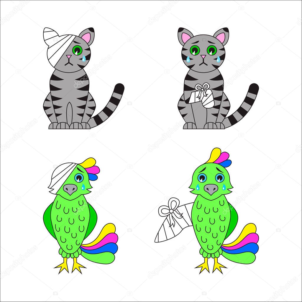 Injured cat and parrot. Broken or wounded leg, head, wing with bandage. Veterinary emergency help. Sad kitty and bird. Vector illustration.