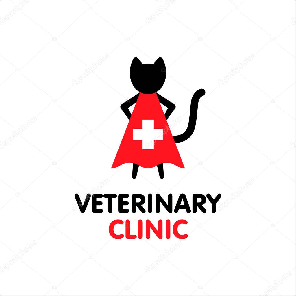 Veterinary clinic logo. Black cat hero. Black and red colors. Emergency help for pets. Vector illustration.