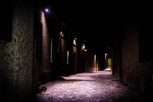 意大利中世纪村庄的鹅卵石街道 夜间拍摄 — 图库照片