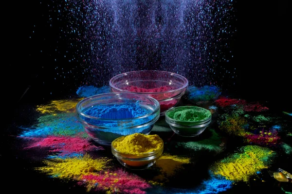 Traditional, Indian Colorful Holi Powder Paint in Steel Bowls