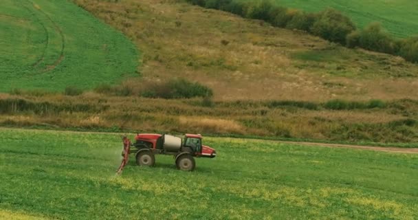 Traktor i ett fält av raps bearbetning — Stockvideo