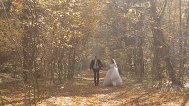 Düğün Gelin ve damat bir sonbahar ormanda yürümek