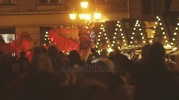 Dragon Procession Night City — Stockvideo