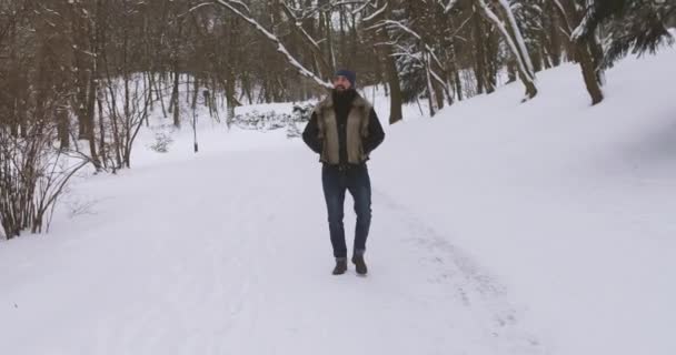 Young Handsome Walks Зимний парк — стоковое видео