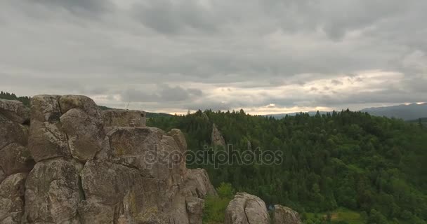 Volar sobre rocas sobre bosques y montañas — Vídeo de stock