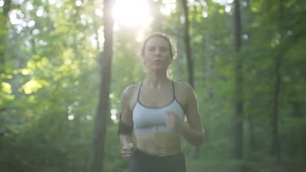 Спортсменка, бегущая по утреннему лесу — стоковое видео