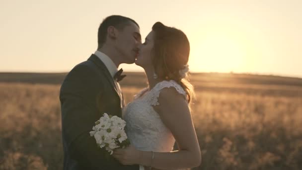Par kyssar vid solnedgången — Stockvideo