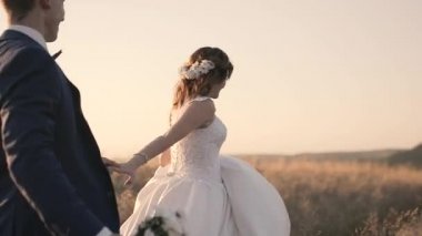 Romantik Çift altın buğday güneş ışığında yürür