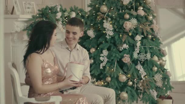 Young couple in love in the cozy Christmas decorated room with a Christmas tree — Stock Video