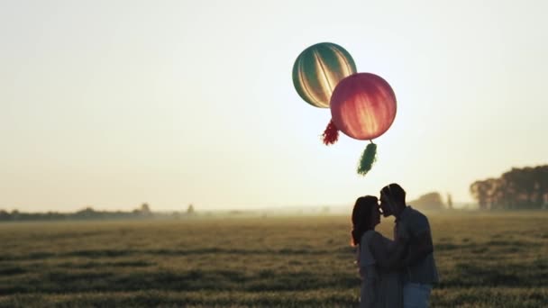 Пара с гелиевыми шариками, идущими в поле и держащимися за руки на закате — стоковое видео