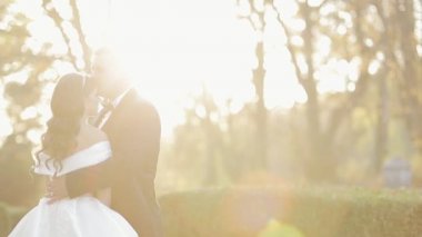 Romantik çift öpüşüyor. Güzel romantik erkek ve kadın kucaklaşır ve dışarıda öpüşürler. Düğün yürüyüşü. Düğün için. Eski kaleden önce evlendik..