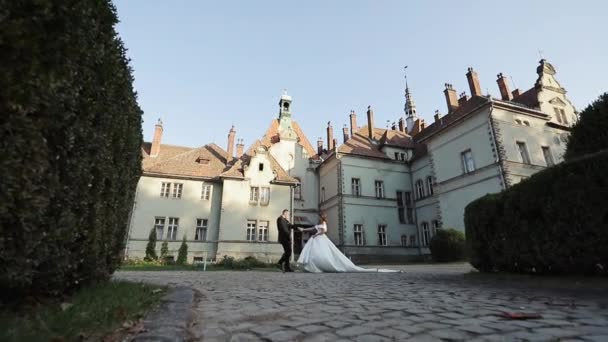 Married couple walking down the park and holding their hands. Wedding dress. Green trees and a building on the background. Cheerful wedding couple walking with beautiful architecture — Stock Video