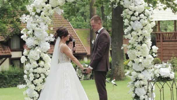 Una pareja está intercambiando votos el día de su boda. Pareja joven casarse e intercambiar besos de boda en la ceremonia de boda rústica — Vídeos de Stock