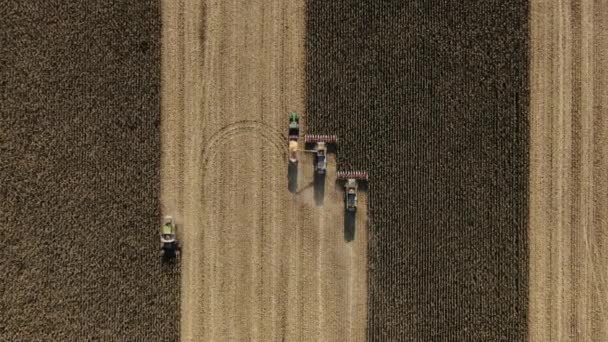 Drie Combine Harvesters die vers geoogste maïs overbrengen naar trekker-aanhangwagen voor transport. — Stockvideo