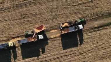 Hasat Uzmanı 'nı, hasat edilen mısırları karavana yüklemesi için birleştir. Combine Auger 'dan Grain Cart' a düşen mısırlar. Hasat Ürünlerini Birleştir. Hasat edilen mısır bir kamyona aktarılıyor.