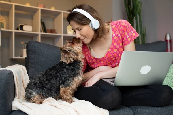 Lovely brown dog singing with her owner at home sitting on the sofa. Funny time together