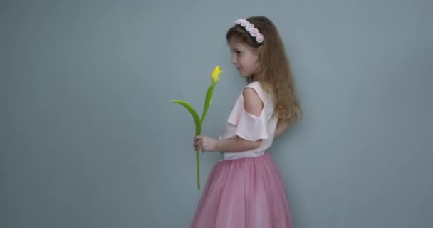 Klein meisje houdt gele tulp in de hand op grijze achtergrond en toont duimen omhoog als. Schattig meisje met gele tulp. — Stockvideo