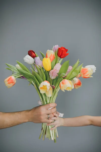 Spring bouquet of tulips in hands. Bunch of fresh cut spring flowers in hands. Arms Giving tulips bouquet. Spring bouquet of tulips in hands. Bunch of fresh cut spring flowers